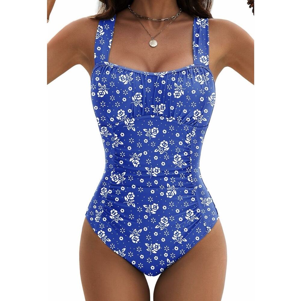 Zando Ruched Womens One Piece Swimsuit Floral Blue XL